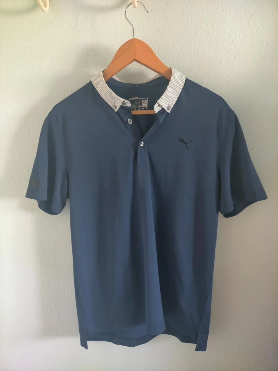 Puma Sports LifeStyle Men's Polo Shirt Navy Blue Gingham Collar Luxury Size L – photo 13